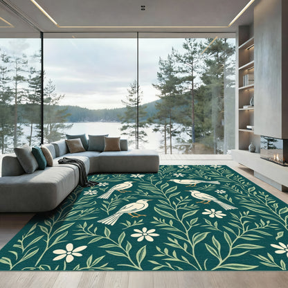 White Birds Floral Garden Teal Rug