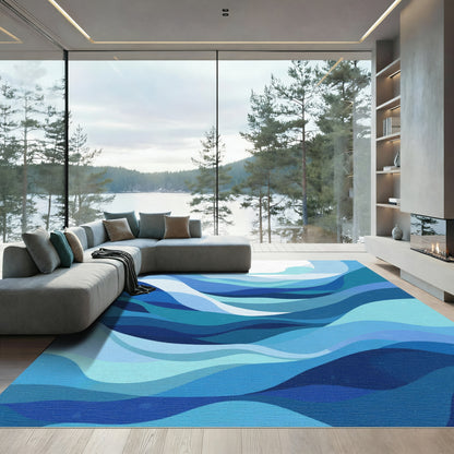 Abstract Blue Ocean Wave Layers Rug