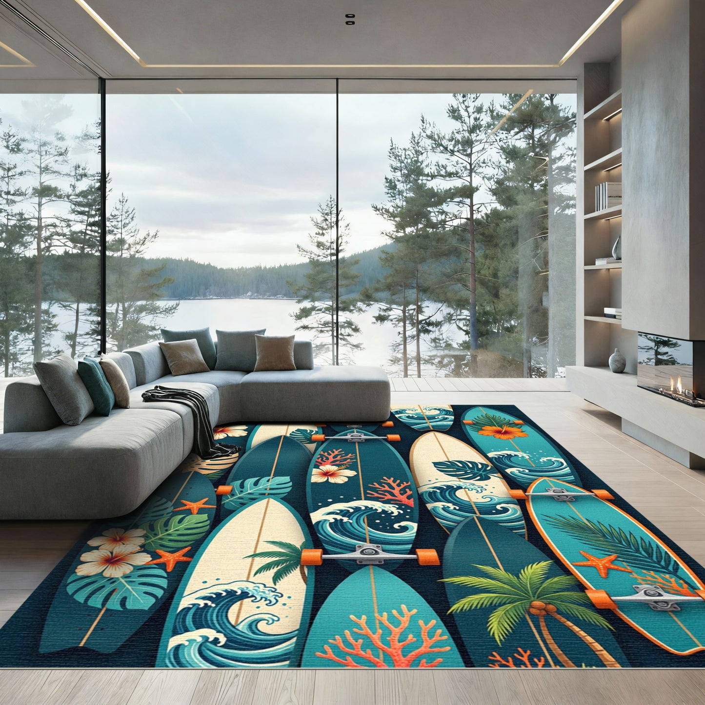 Tropical Surfboard Floral Ocean Collage Rug