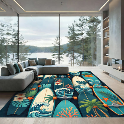 Tropical Surfboard Floral Ocean Collage Rug