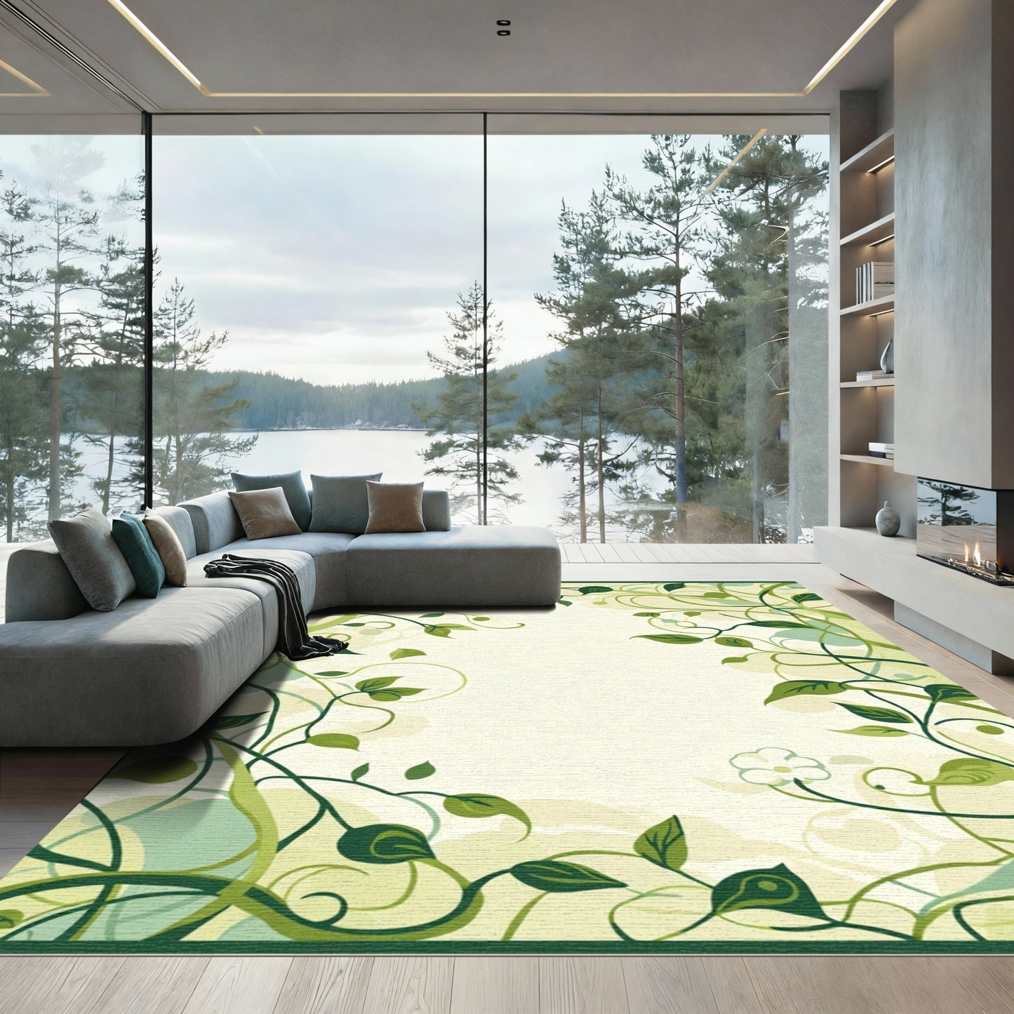 Green Vine Swirl Floral Art Rug