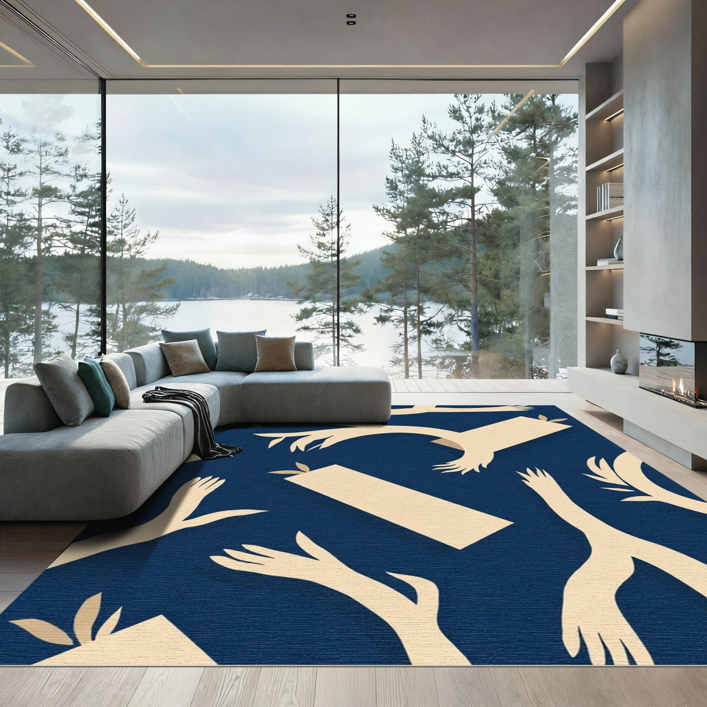 Cream Abstract Reaching Forms Rug