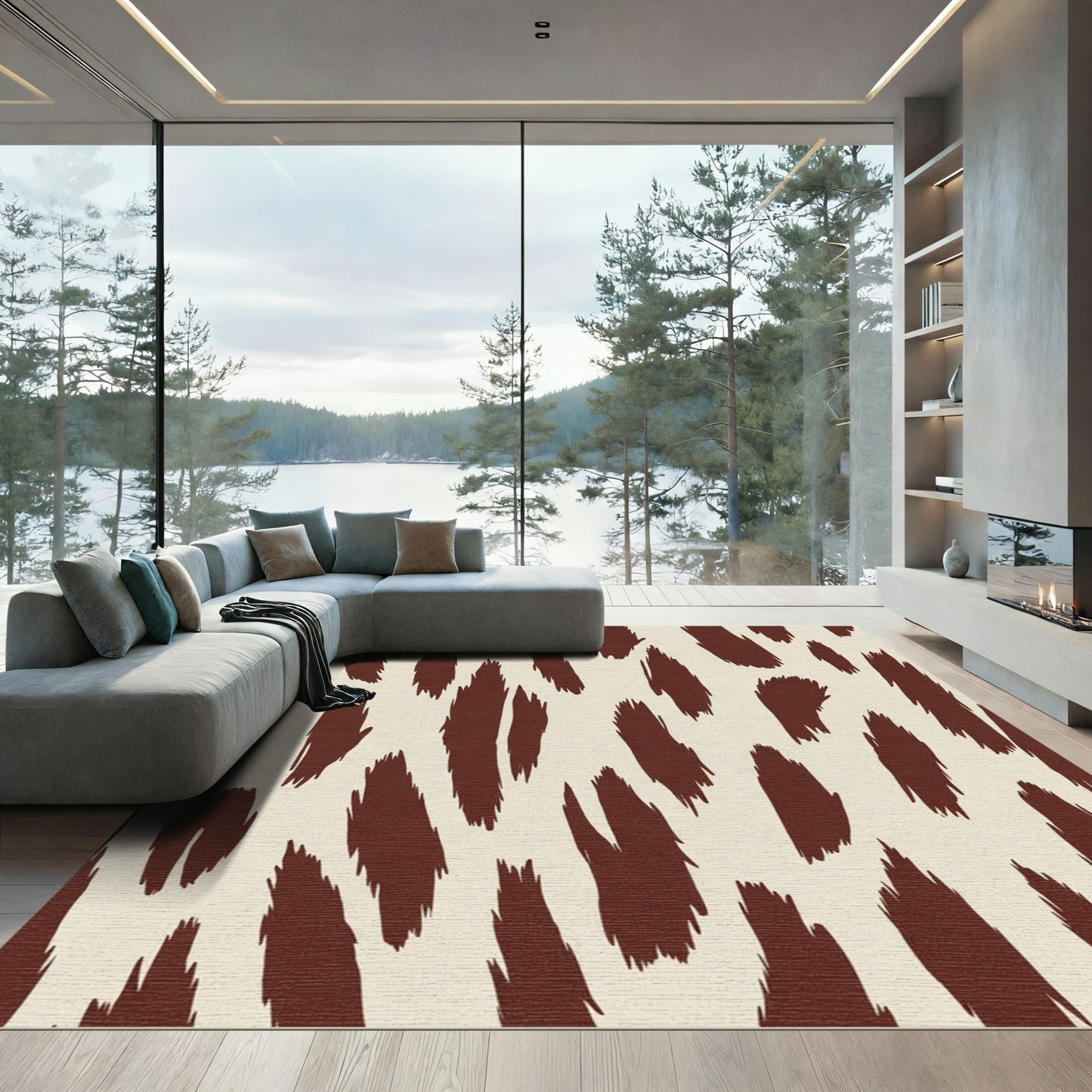 Brown Cream Brushstroke Animal Spot Rug