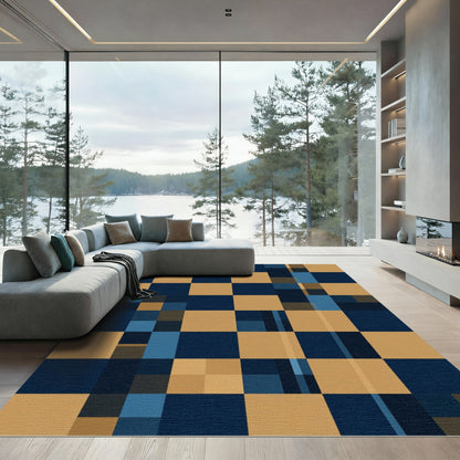 Modern Navy and Gold Geometric Grid Rug