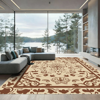Earthy Brown Floral Vineyard Border Rug