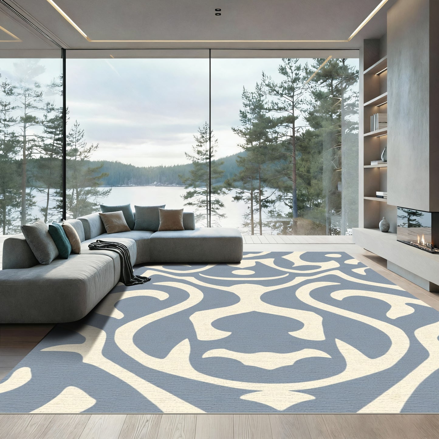 Pale Blue Cream Abstract Figure Rug