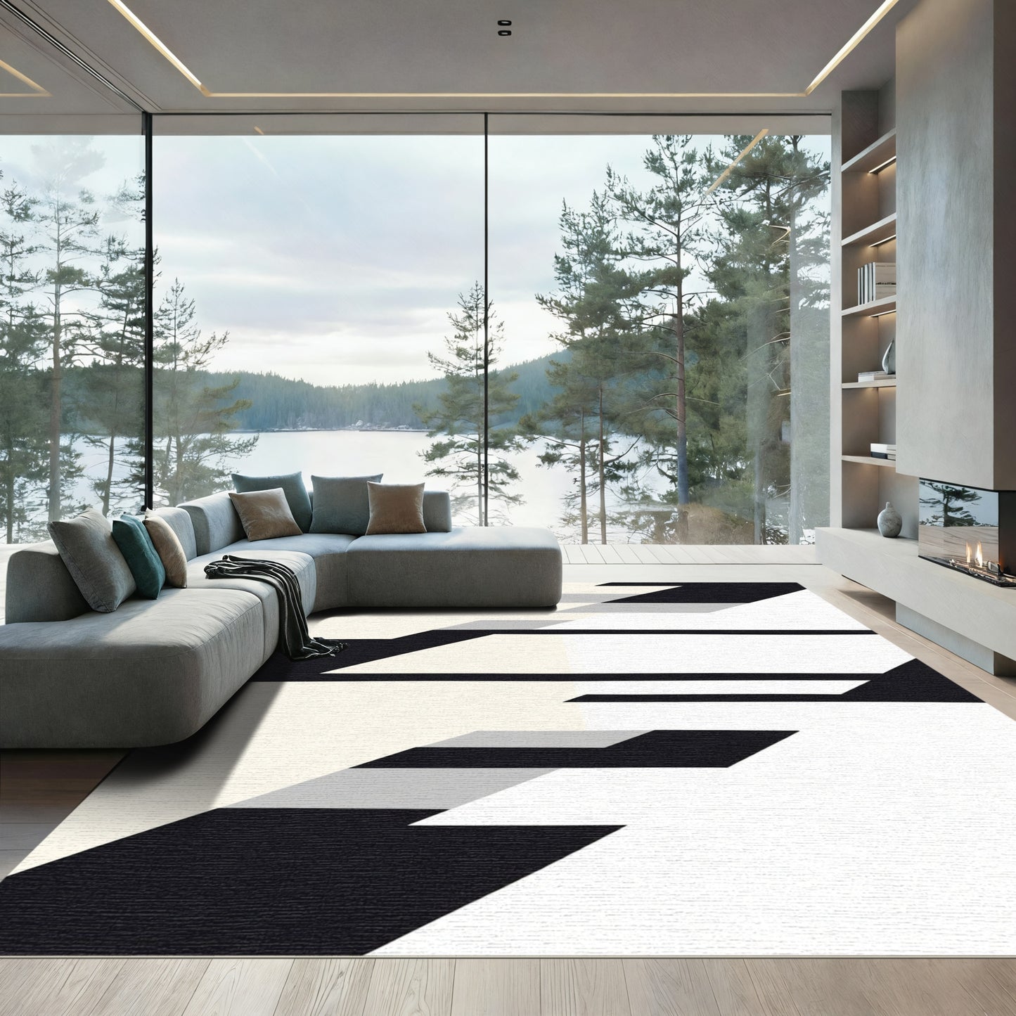 Monochromatic Geometric Accents Rug