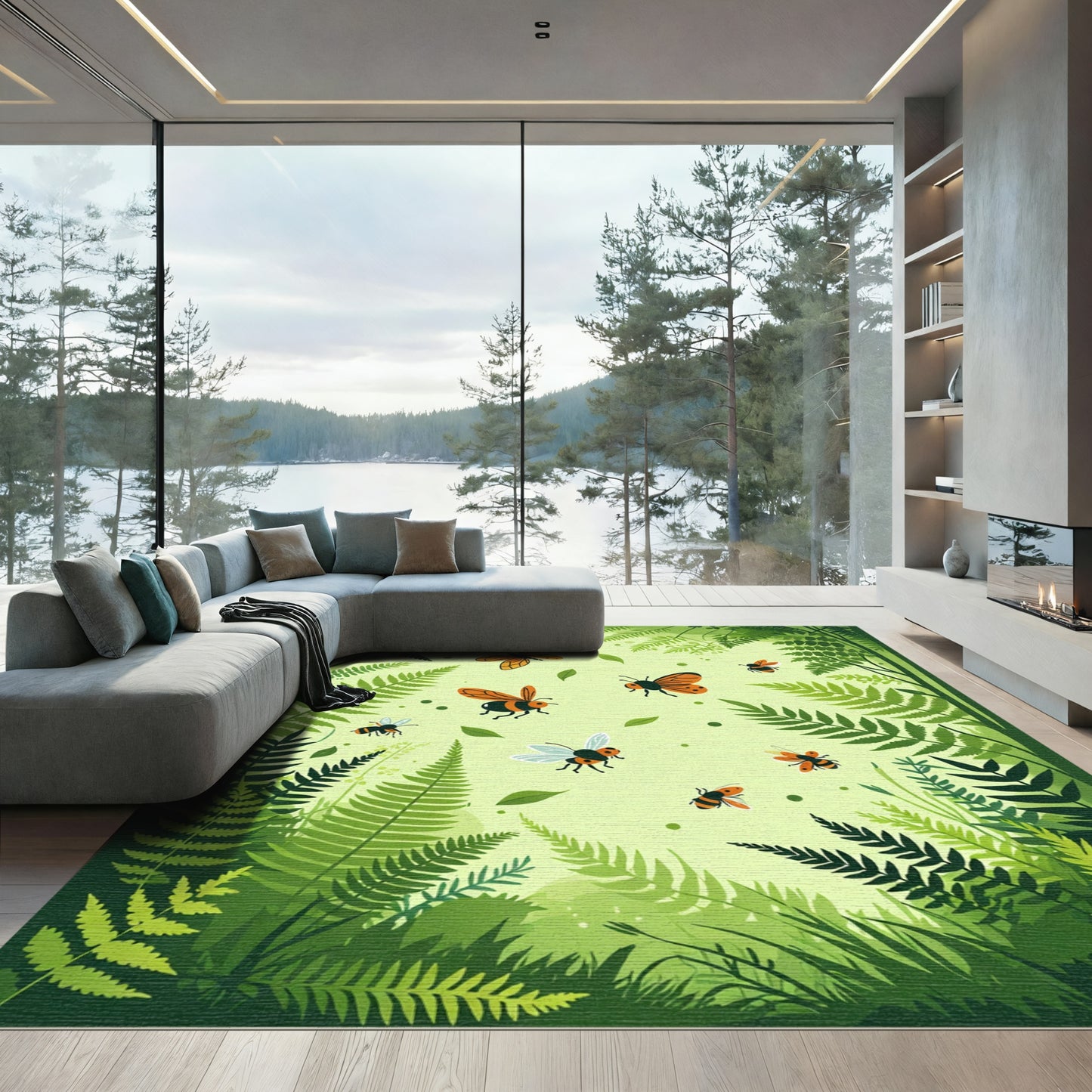Whimsical Orange Bees Fern Forest Garden Rug