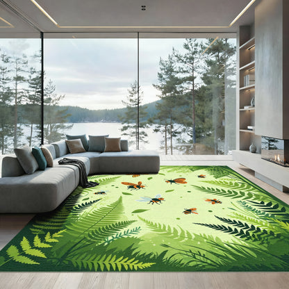 Whimsical Orange Bees Fern Forest Garden Rug
