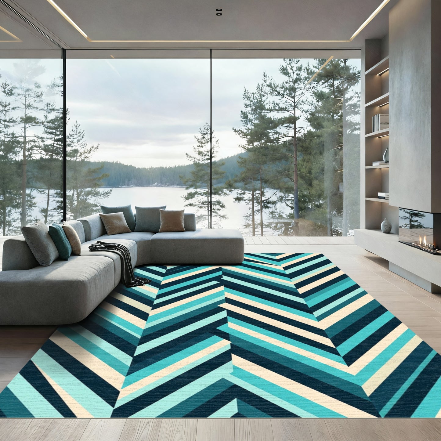 Cool Blue Chevron Stripes Rug