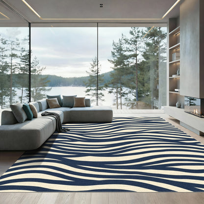 Navy Cream Contemporary Wavy Stripes Rug