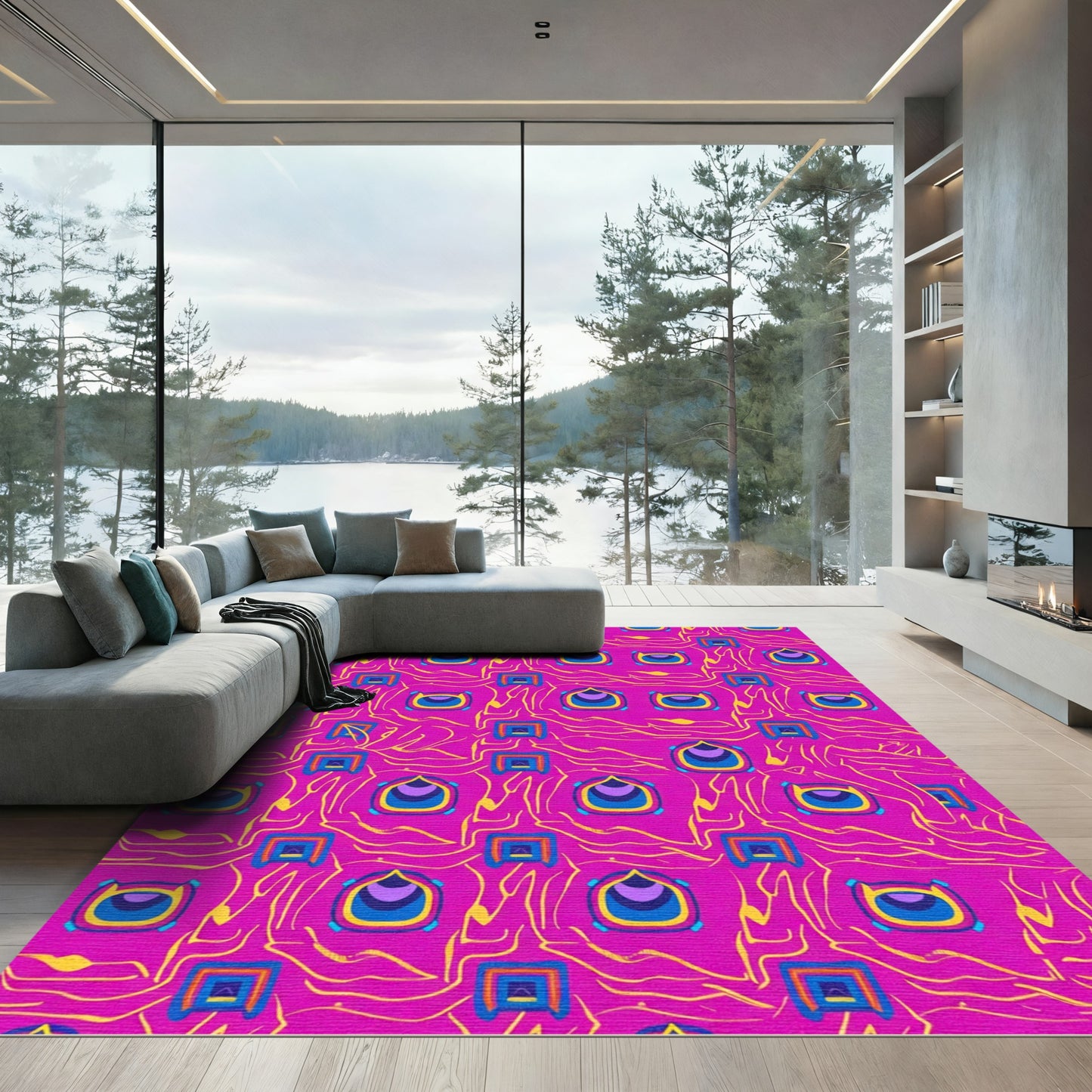 Vibrant Hot Pink Abstract Geometric Swirl Rug