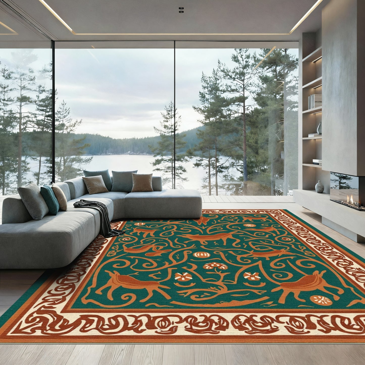 Teal Orange Folk Animal Woodland Rug