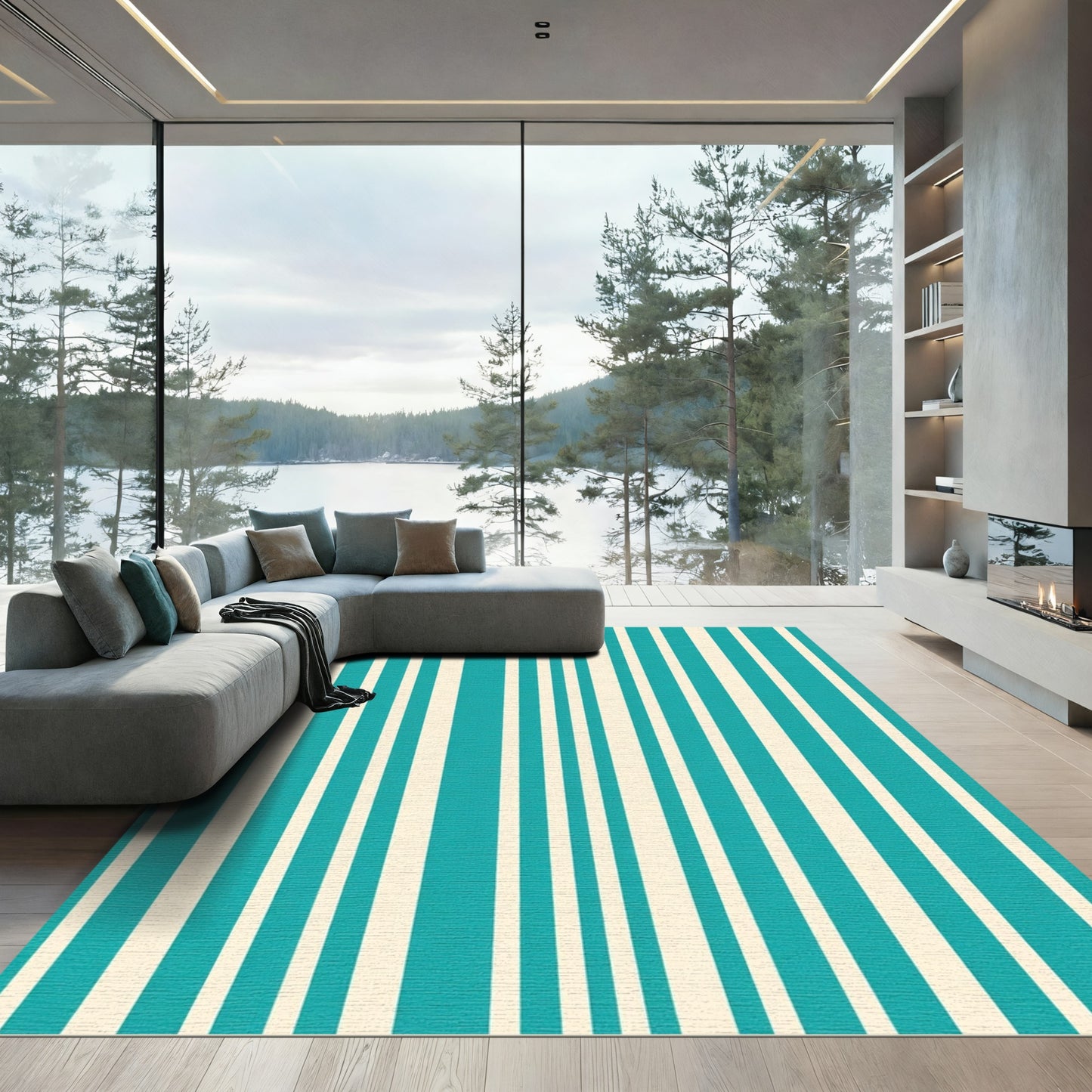 Turquoise Cream Vertical Stripe Rug