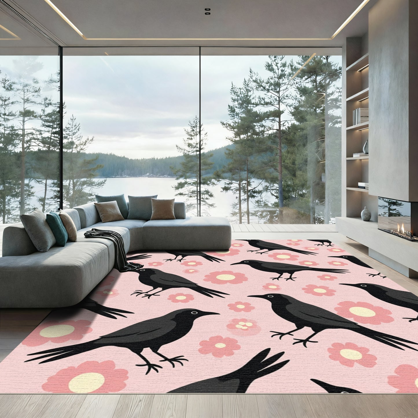 Black Crow Pink Floral Pattern Rug