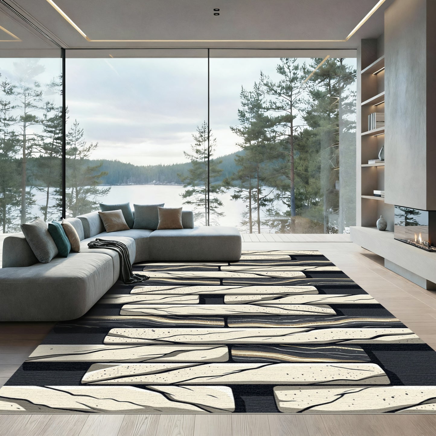 Modern Monochrome Layered Stone Texture Rug