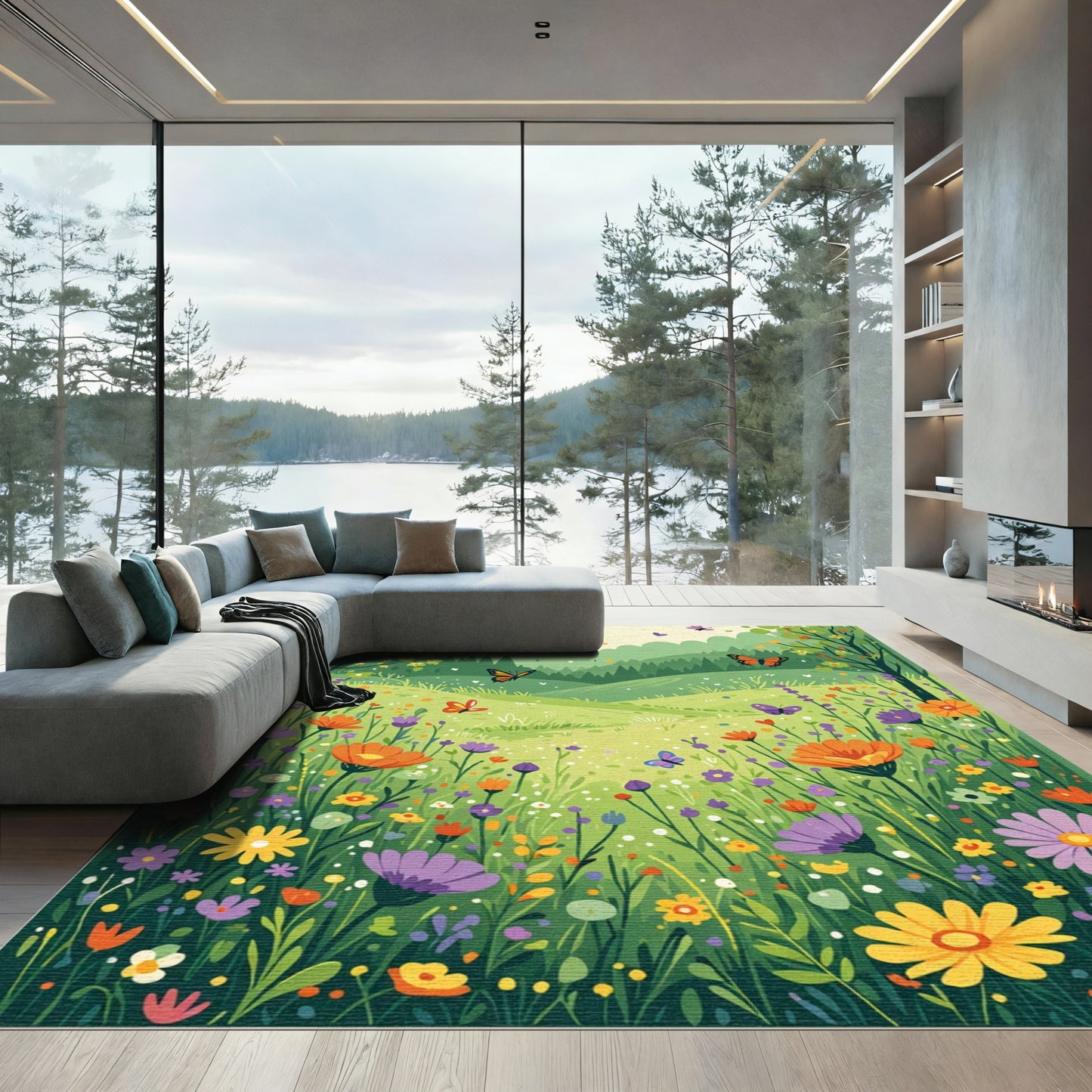 Whimsical Meadow Butterflies Vibrant Garden Rug