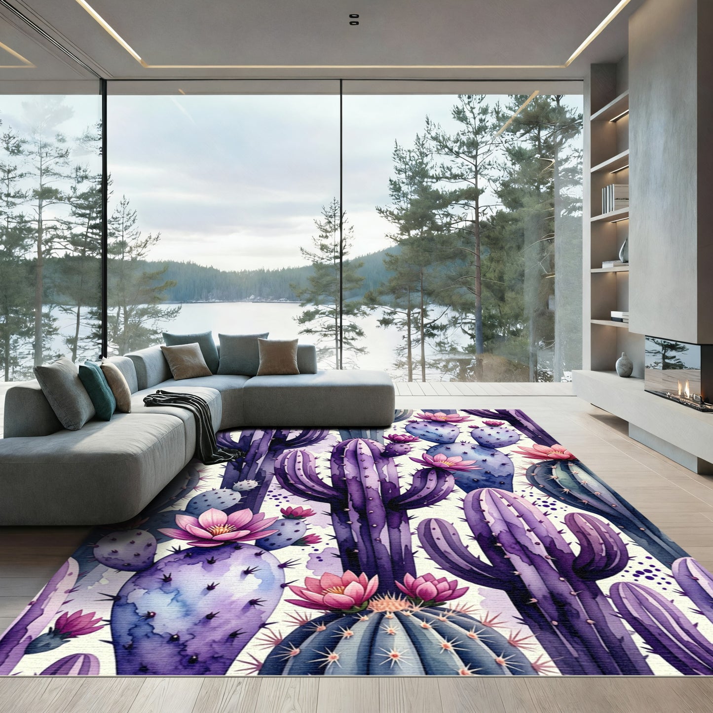 Watercolor Purple Cactus Desert Bloom Rug
