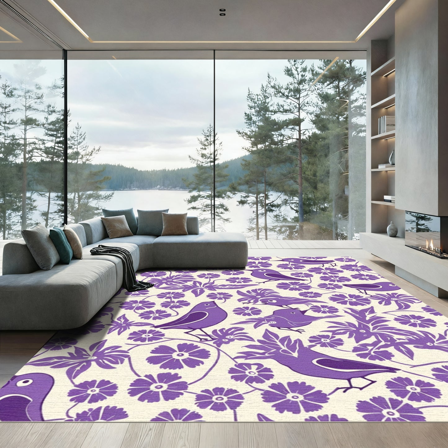 Purple Birds Floral Vine Pattern Rug
