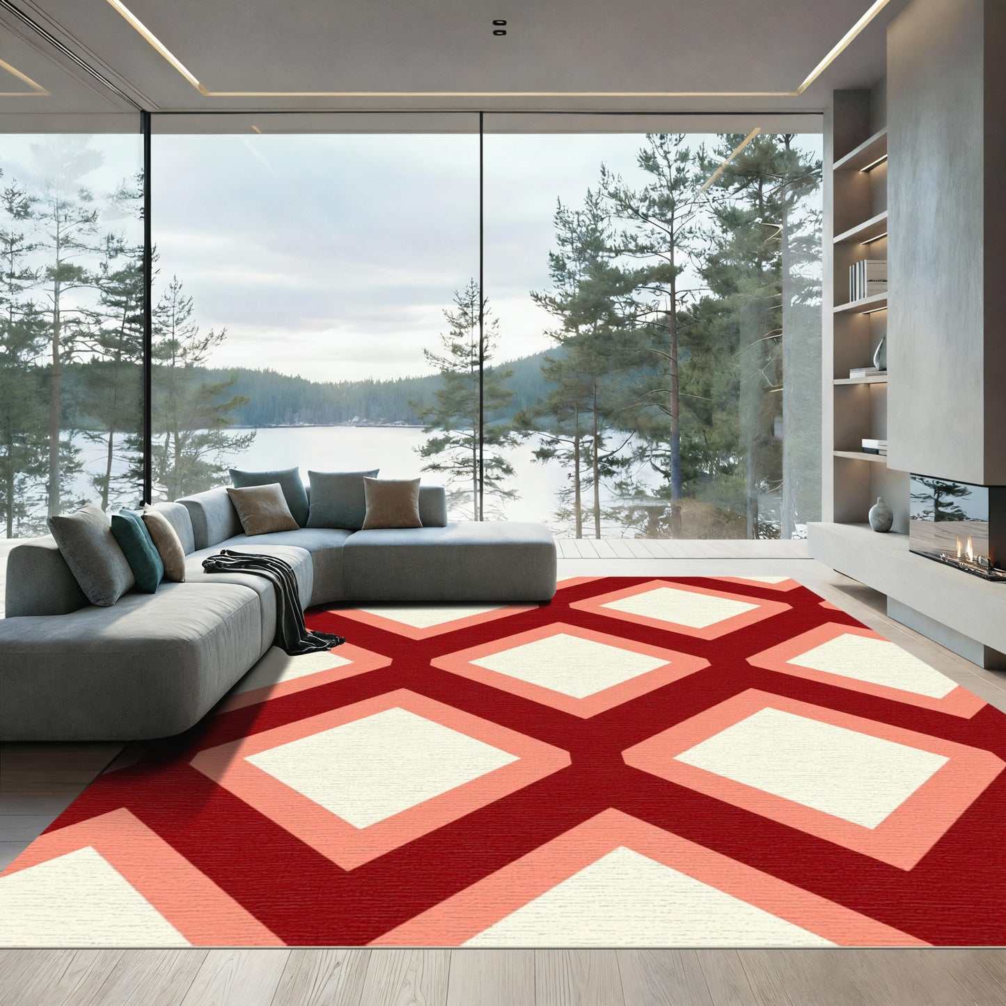 Crimson Diamond Lattice Geometric Rug
