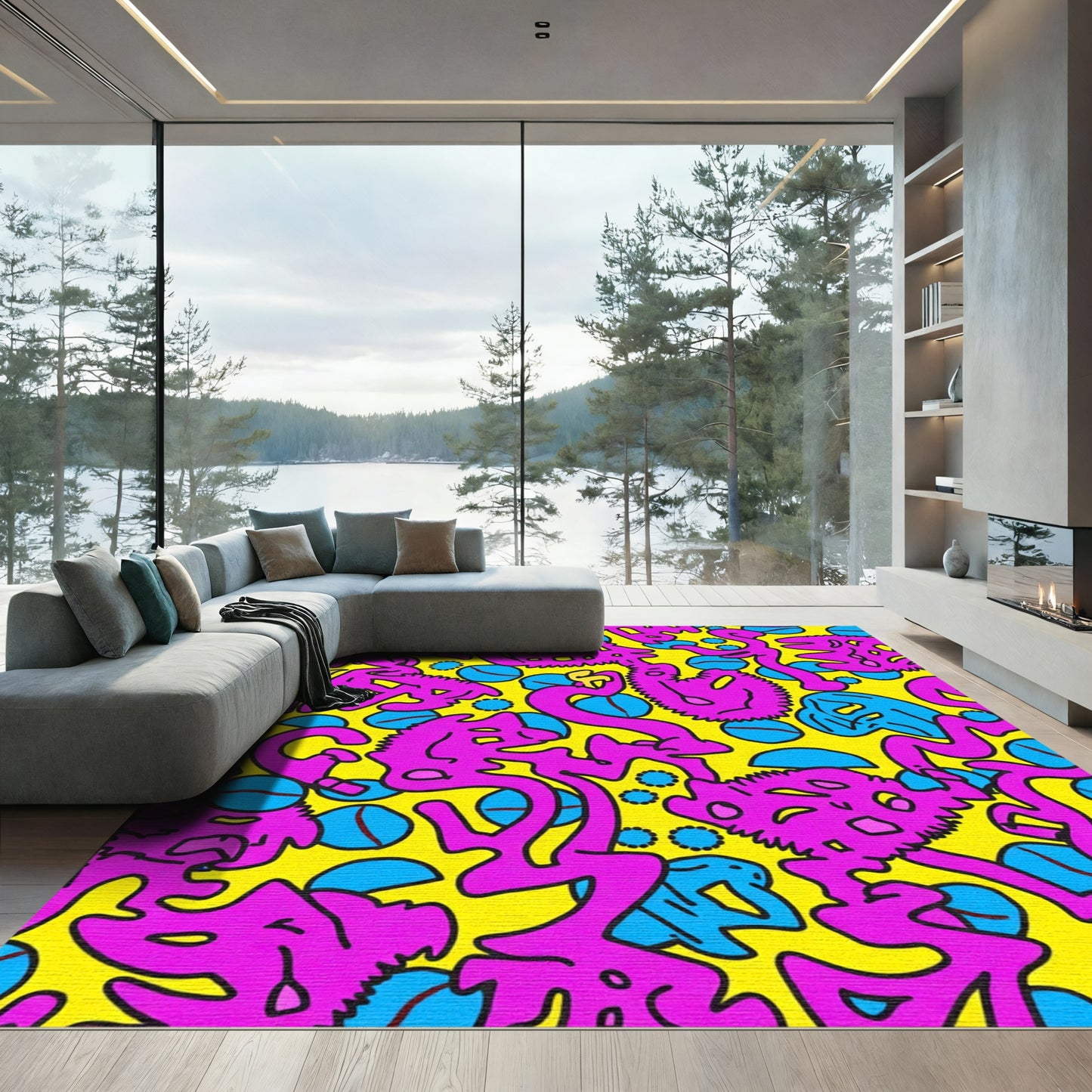 Vibrant Pink Blue Yellow Abstract Shapes Rug