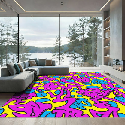 Vibrant Pink Blue Yellow Abstract Shapes Rug