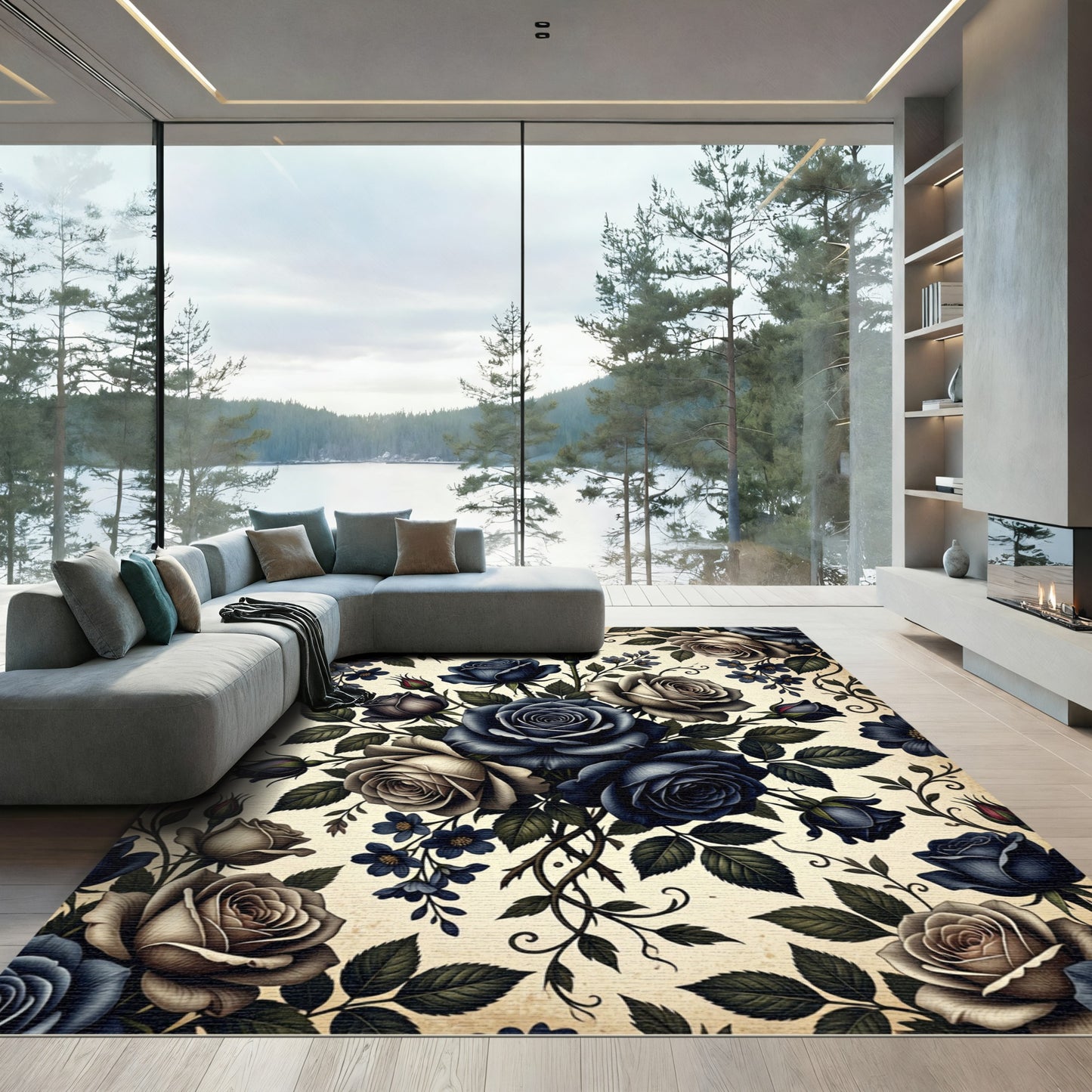 Dark Blue Floral Rose Garden Rug