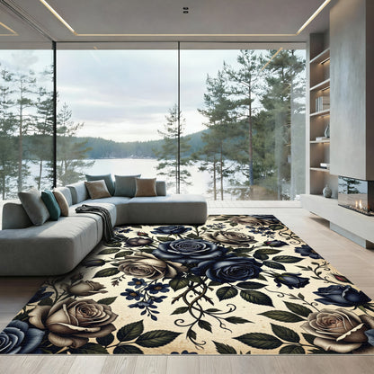 Dark Blue Floral Rose Garden Rug