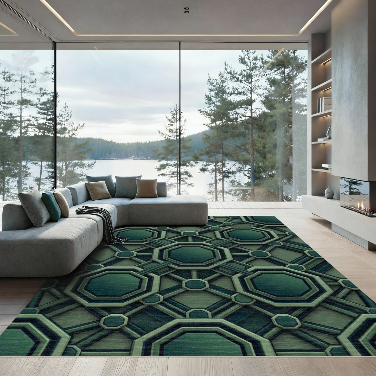 Emerald Octagonal Interlocking Geometric Grid Rug