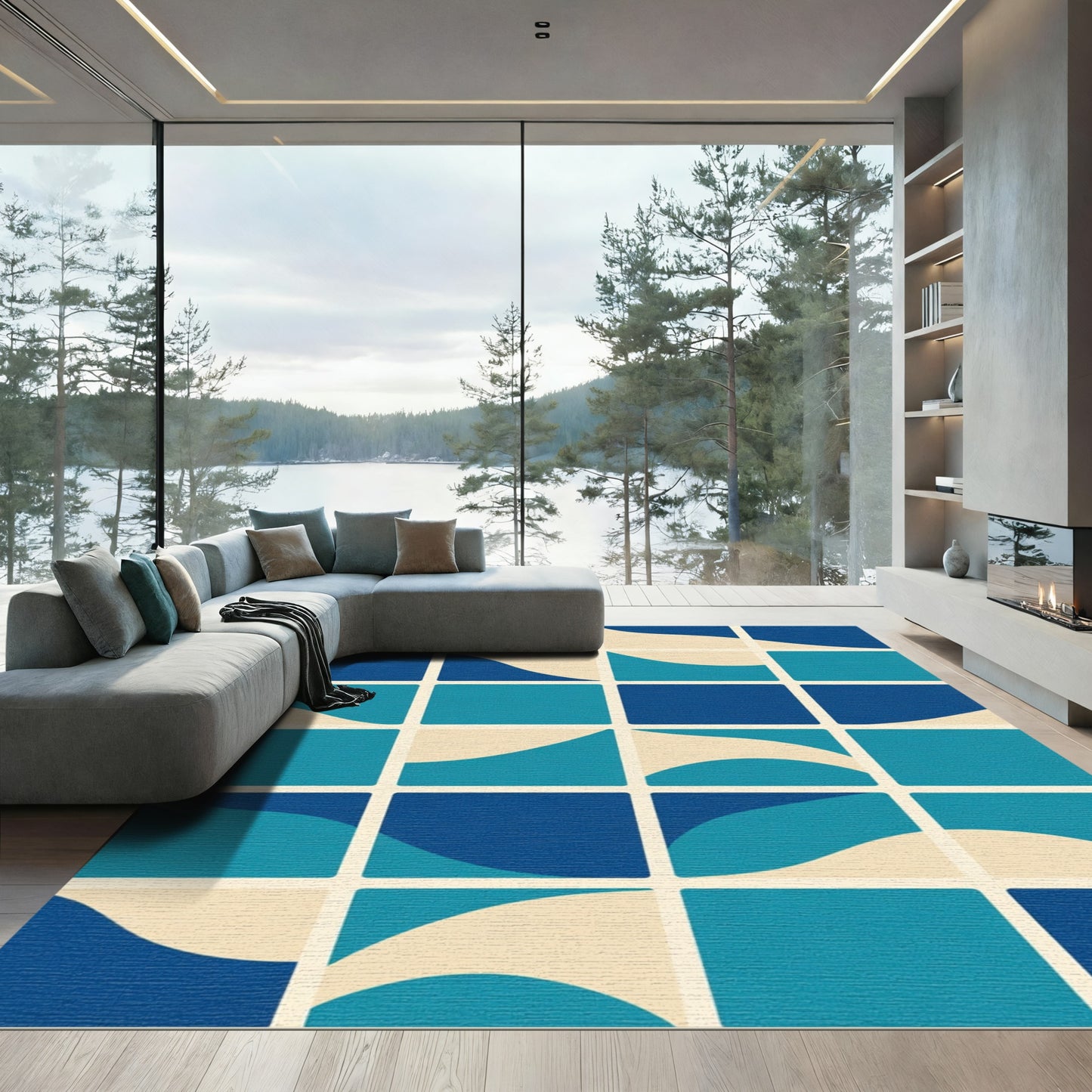 Azure Blue Mid Century Curve Squares Rug