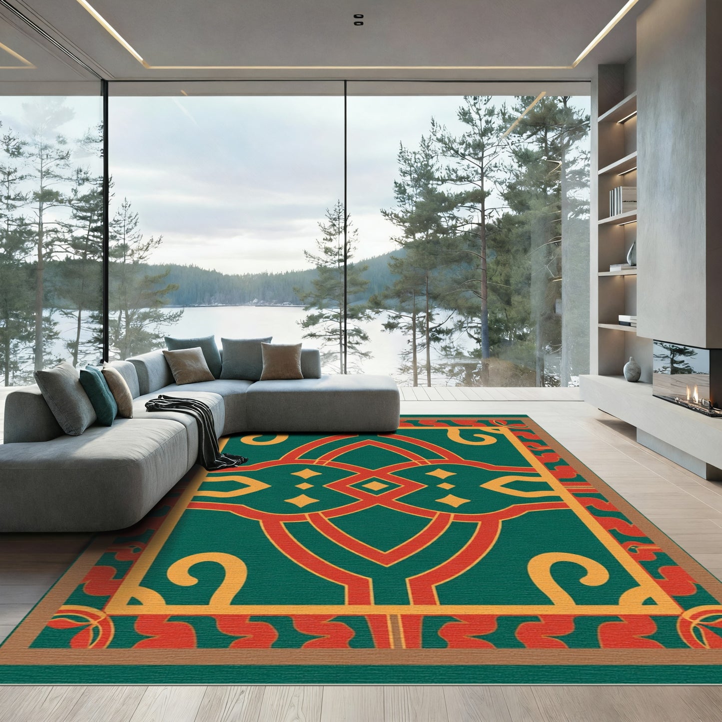 Emerald Red Yellow Geometric Lattice Rug