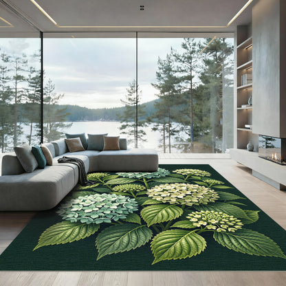 Botanical Hydrangea Floral Dark Green Rug