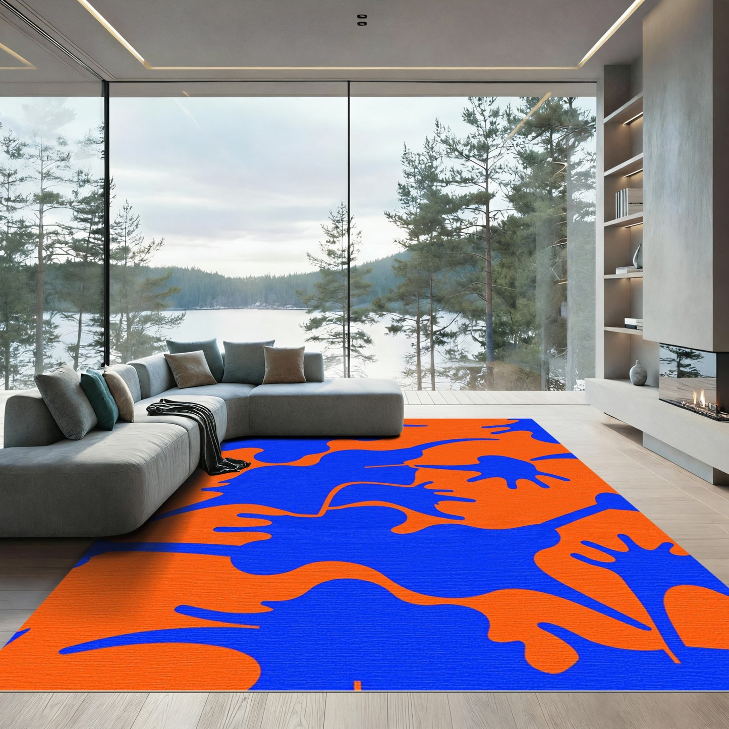 Vibrant Orange Blue Abstract Blob Rug