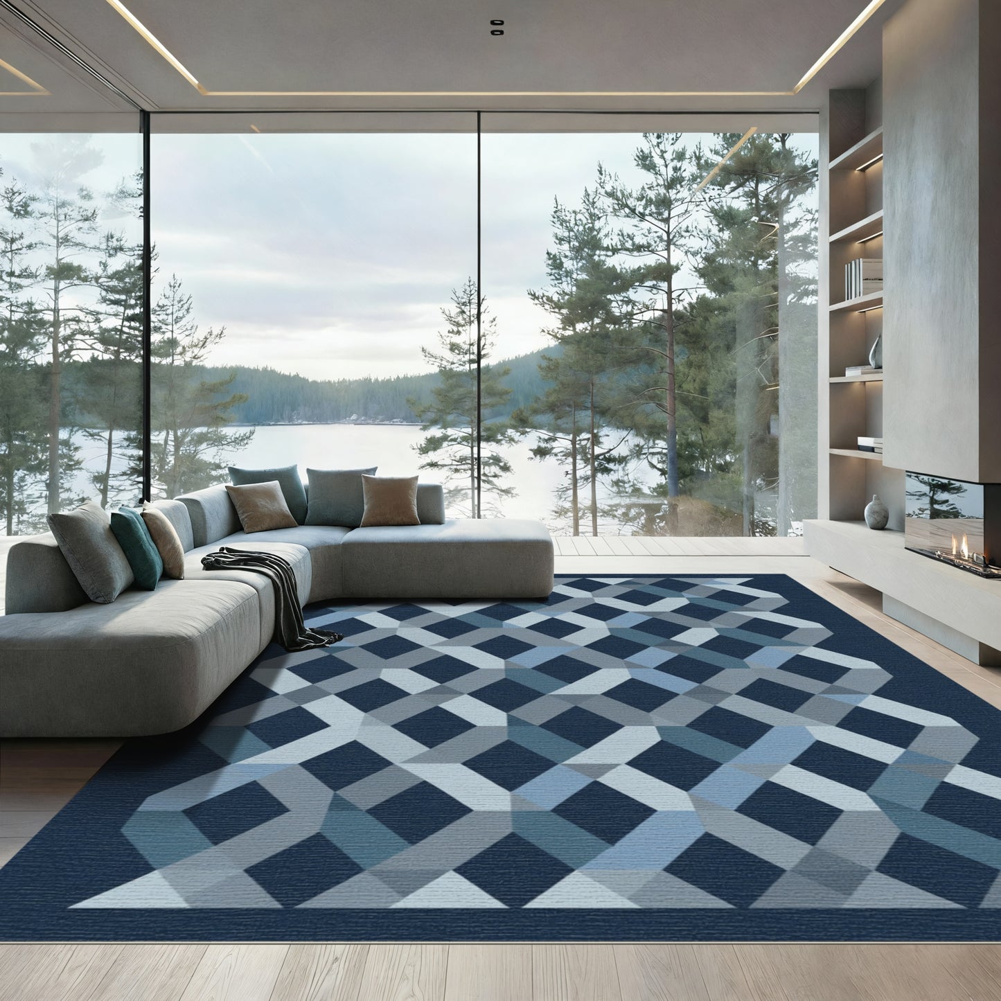 Geometric Interlocking Diamond Blue Rug