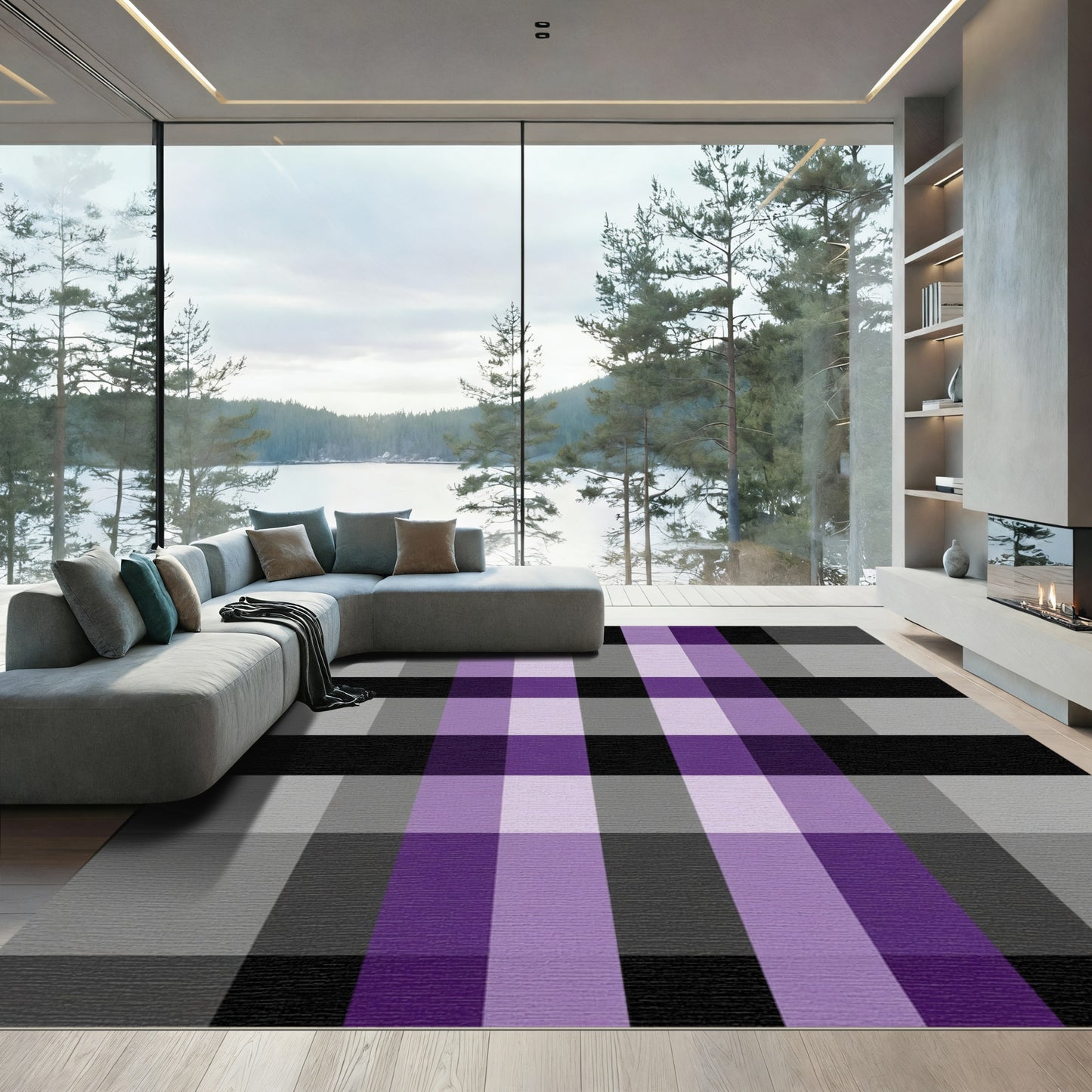 Purple Black Gray Plaid Checkered Rug