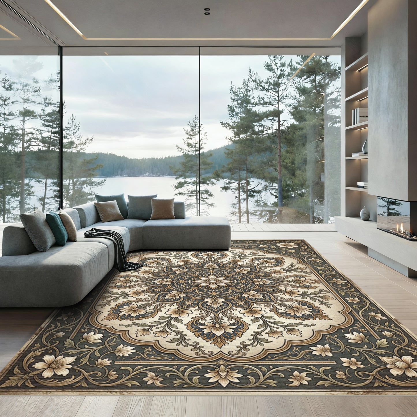 Antique Floral Medallion Dark Green Rug