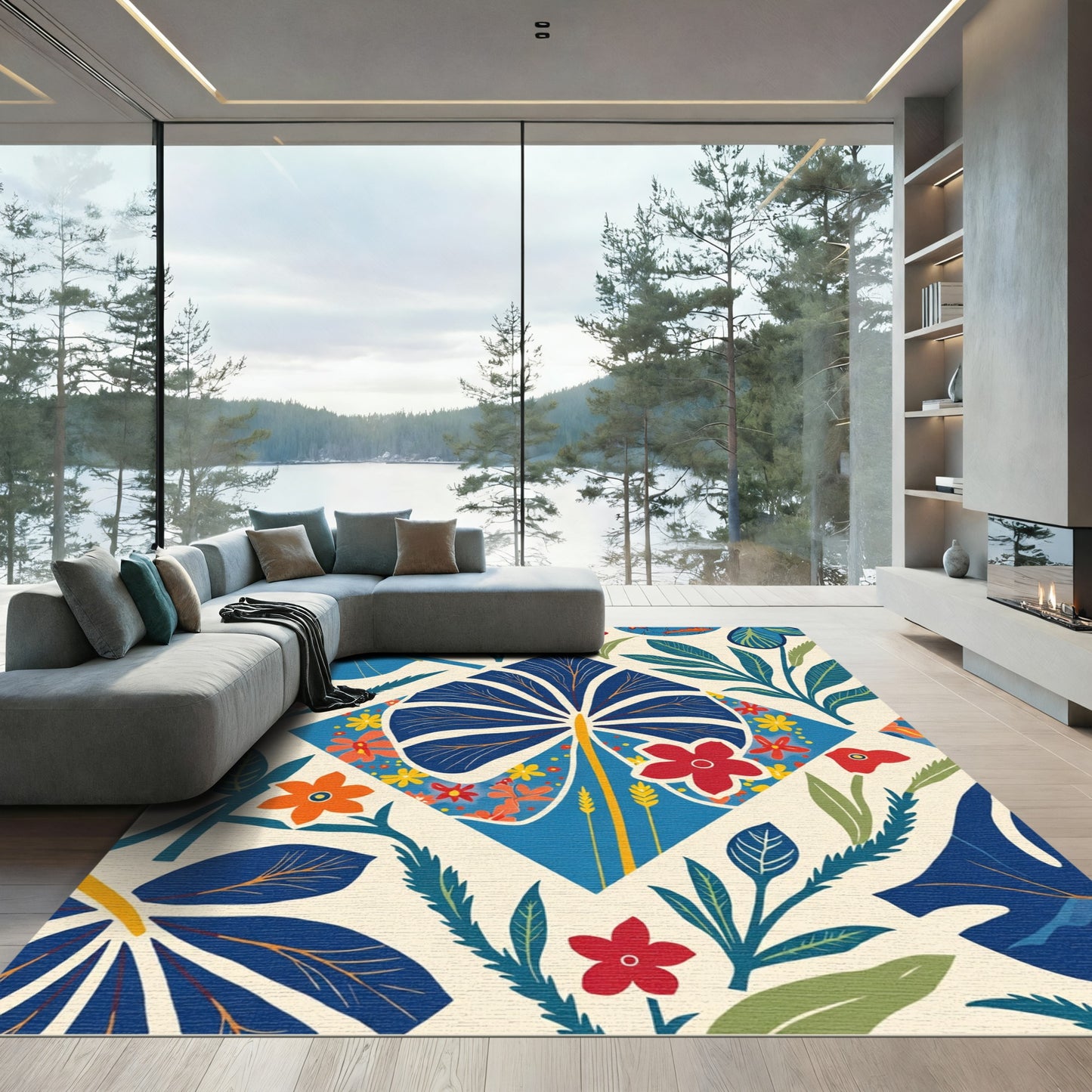 Vibrant Blue Tropical Floral Collage Rug