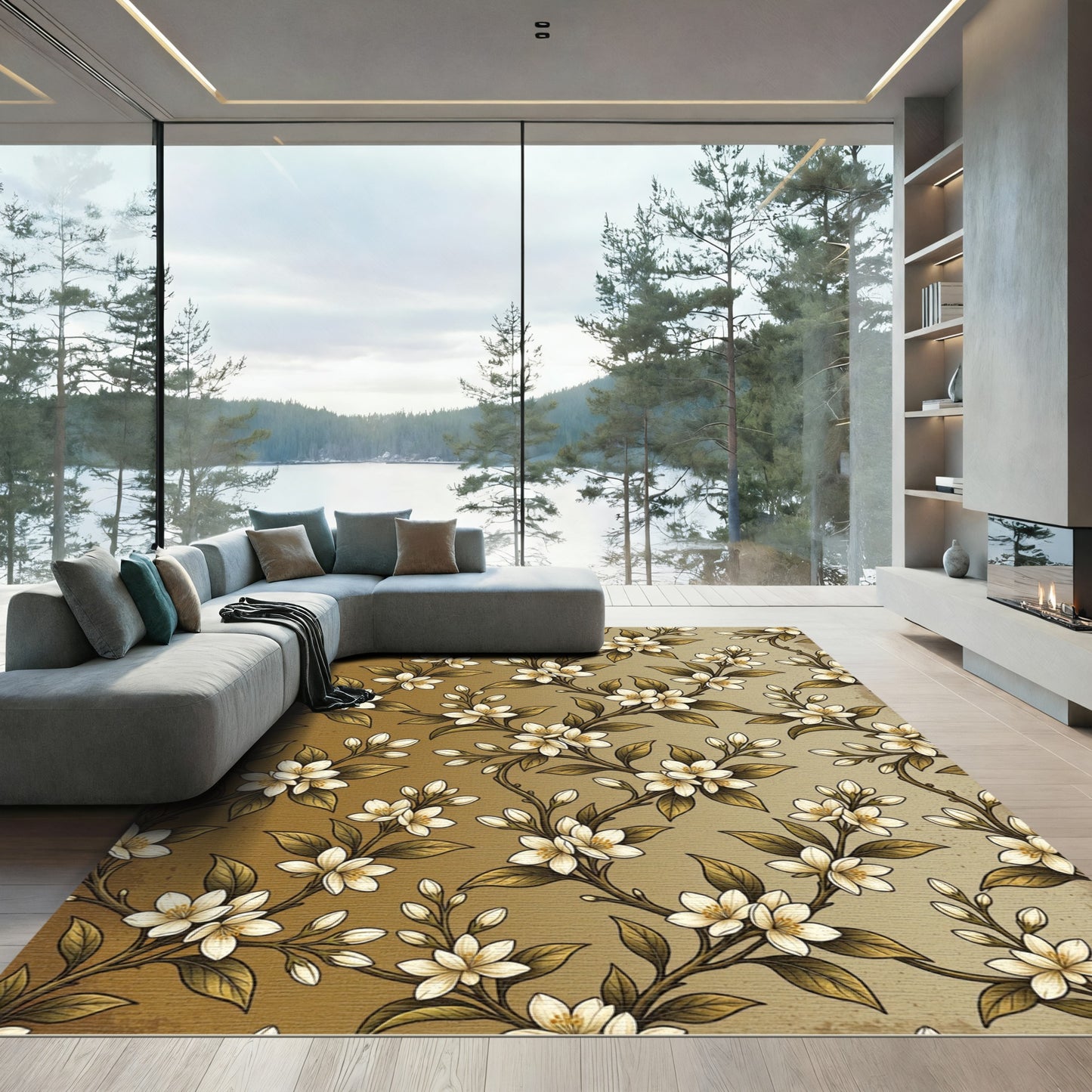 Golden Jasmine Botanical Floral Twig Gold Rug
