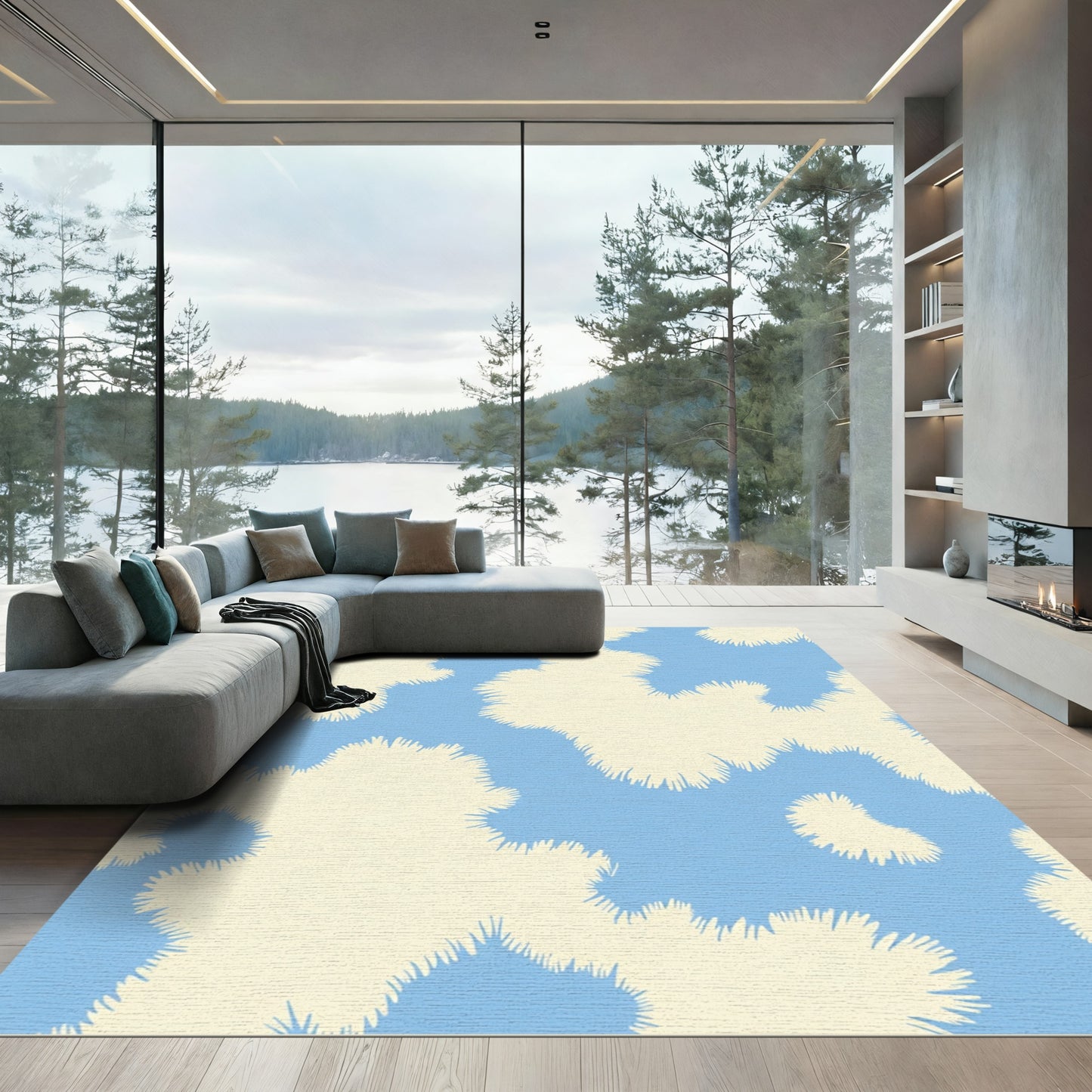 Cream Furry Clouds On Blue Sky Rug