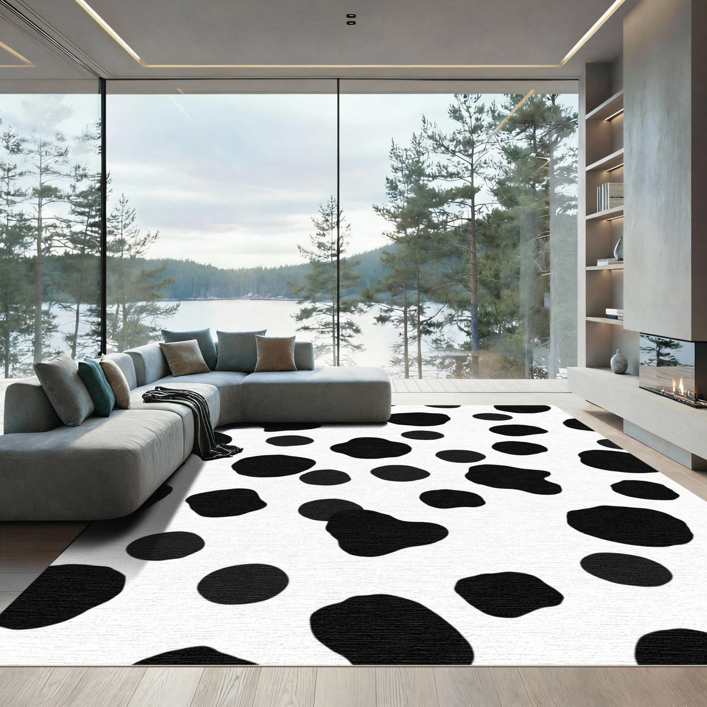 Black White Spotted Irregular Shapes Rug