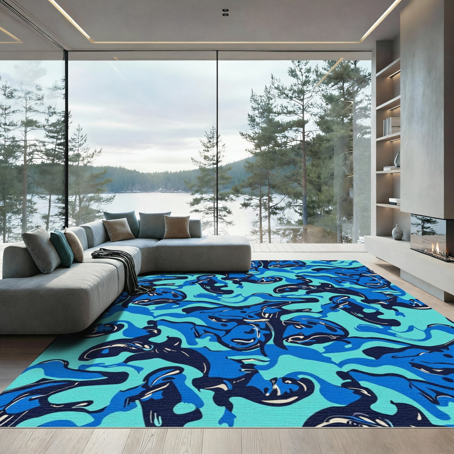 Oceanic Blue Abstract Swirl Rug