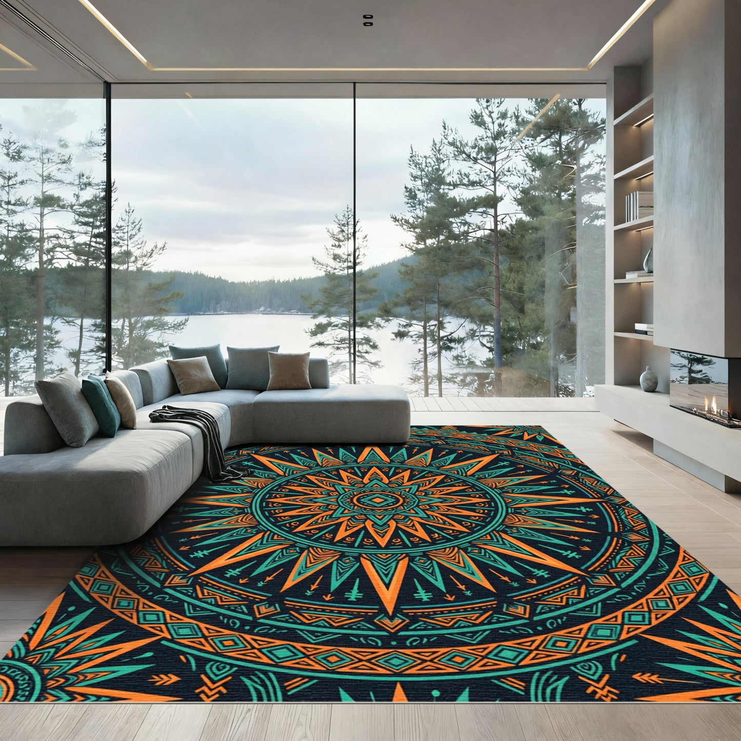 Teal and Orange Radiant Geometric Sun Rug