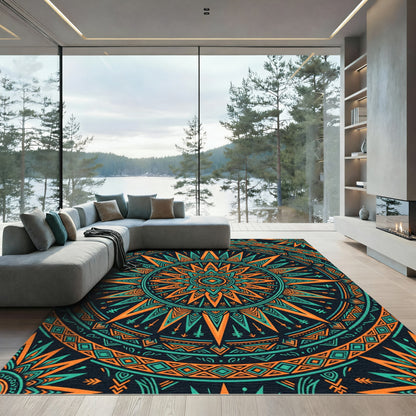 Teal and Orange Radiant Geometric Sun Rug