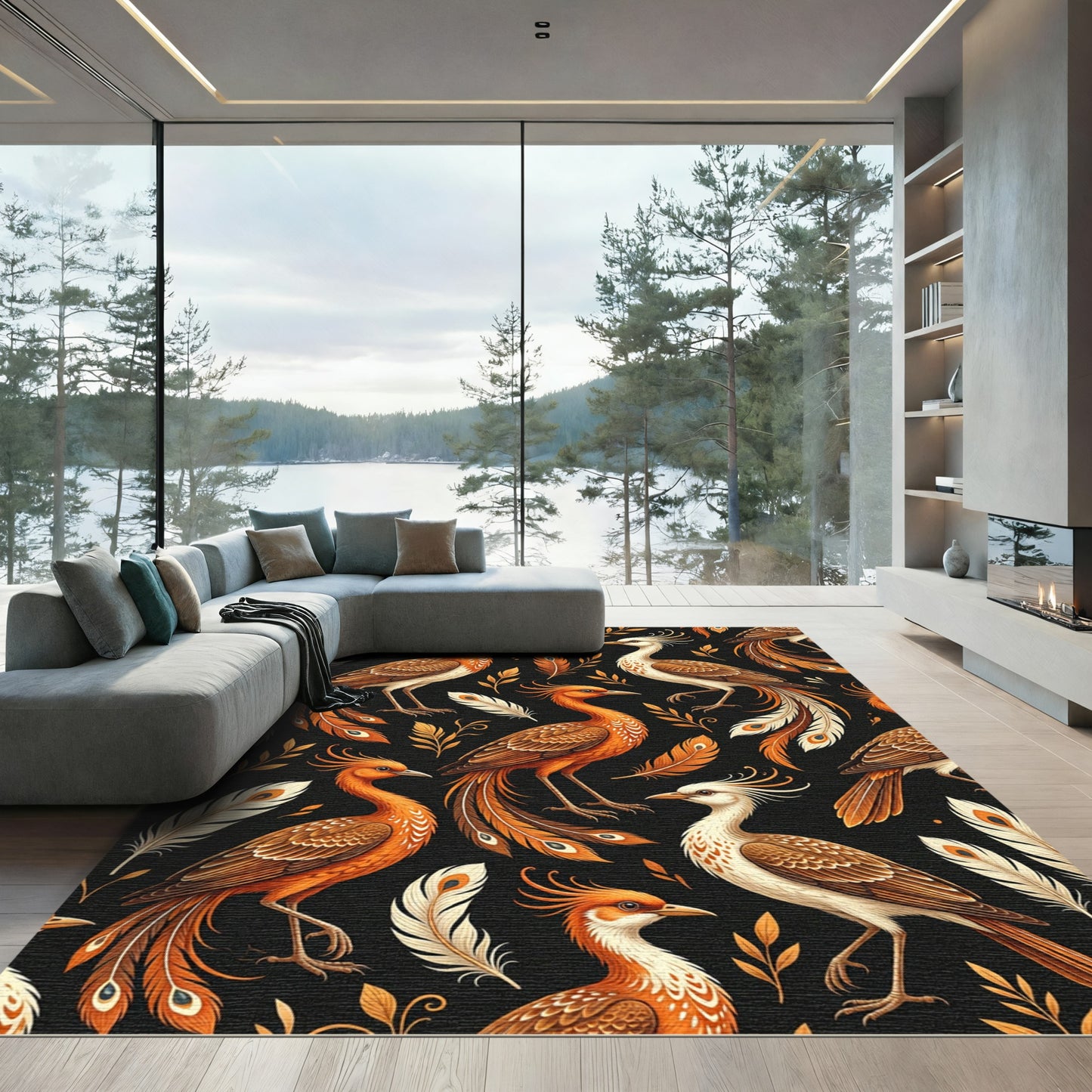 Golden Phoenix Feather Botanical Art Rug