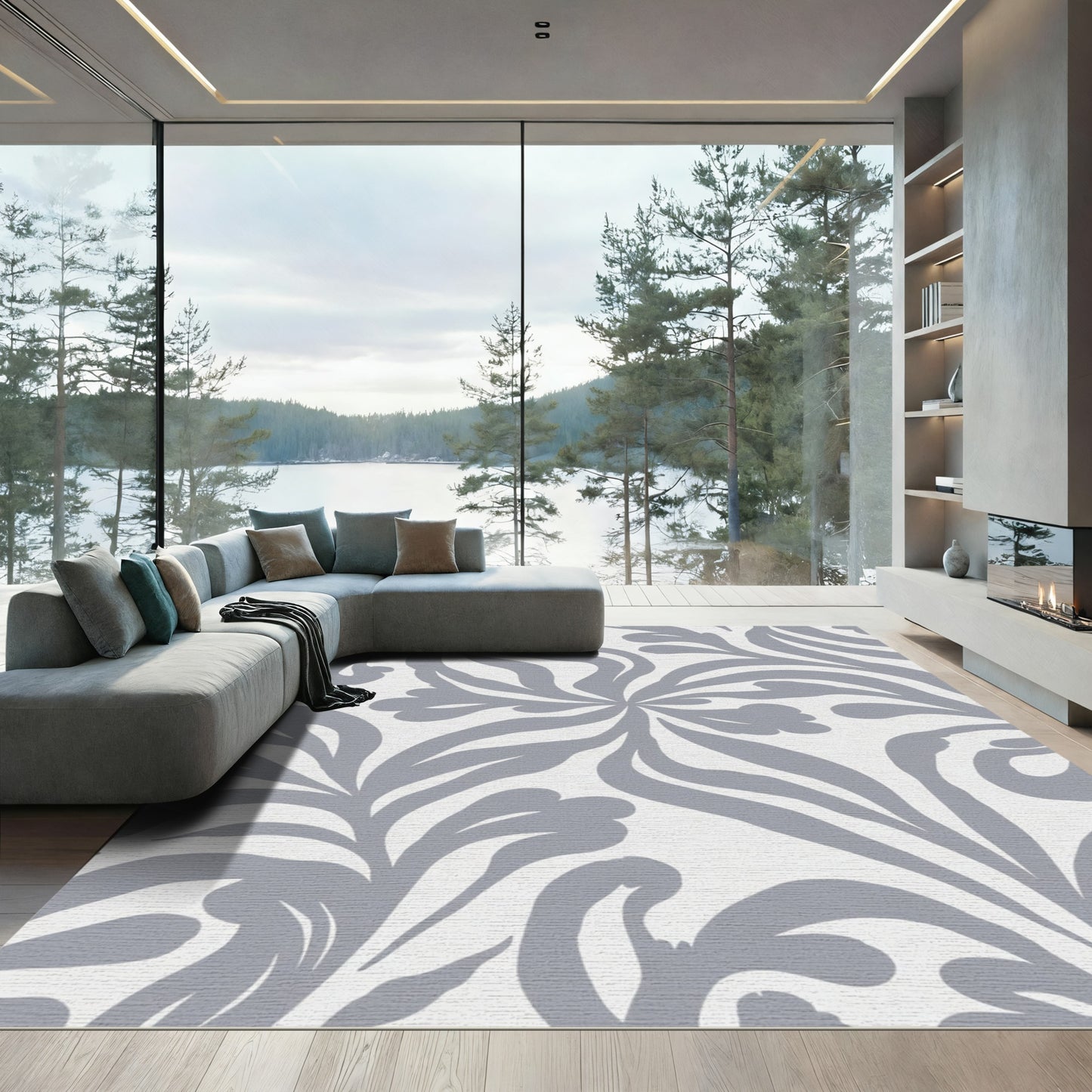 Soft Gray Floral Swirl Rug