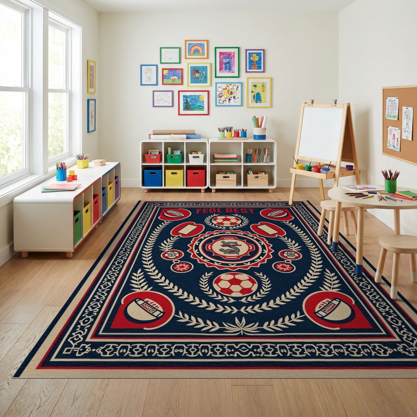 Vintage Navy Red Soccer Emblem Rug