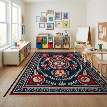 Vintage Navy Red Soccer Emblem Rug