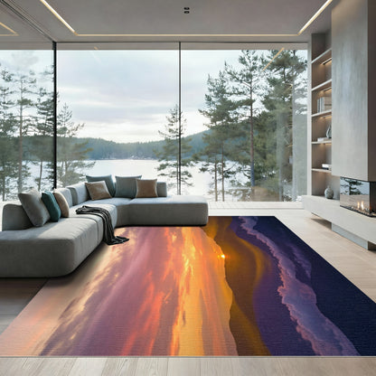 Golden Sunset Mountain Landscape Abstract Rug