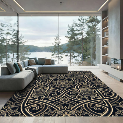 Intricate Cream Scrollwork Ornate Geometric Rug