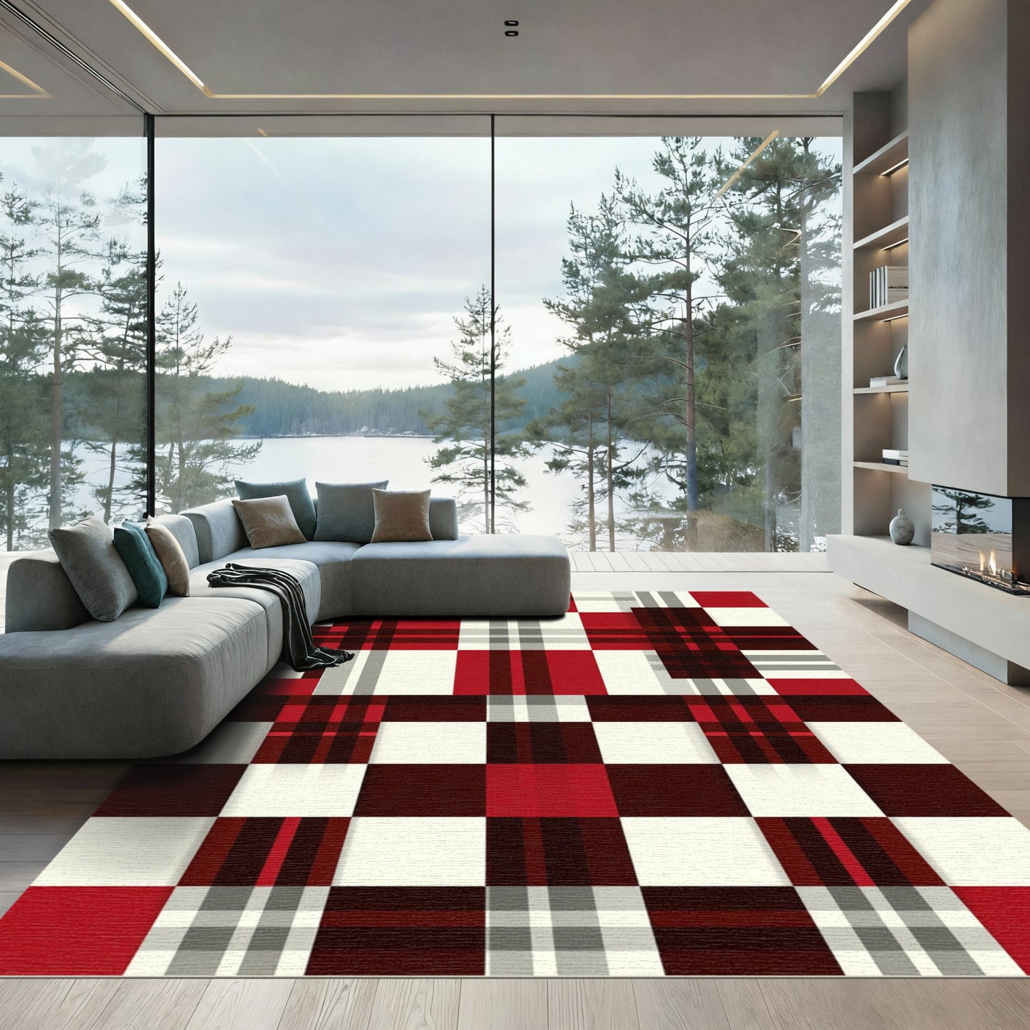 Modern Red White Plaid Geometric Check Rug